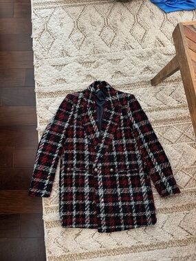 Double-Breasted Plaid Tweed Blazer Jacket - Dark Navy, Red & White